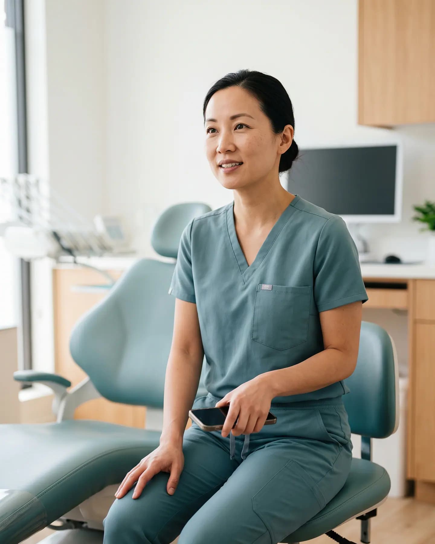 A dentist sits by the dental chair after a visit, talking it through