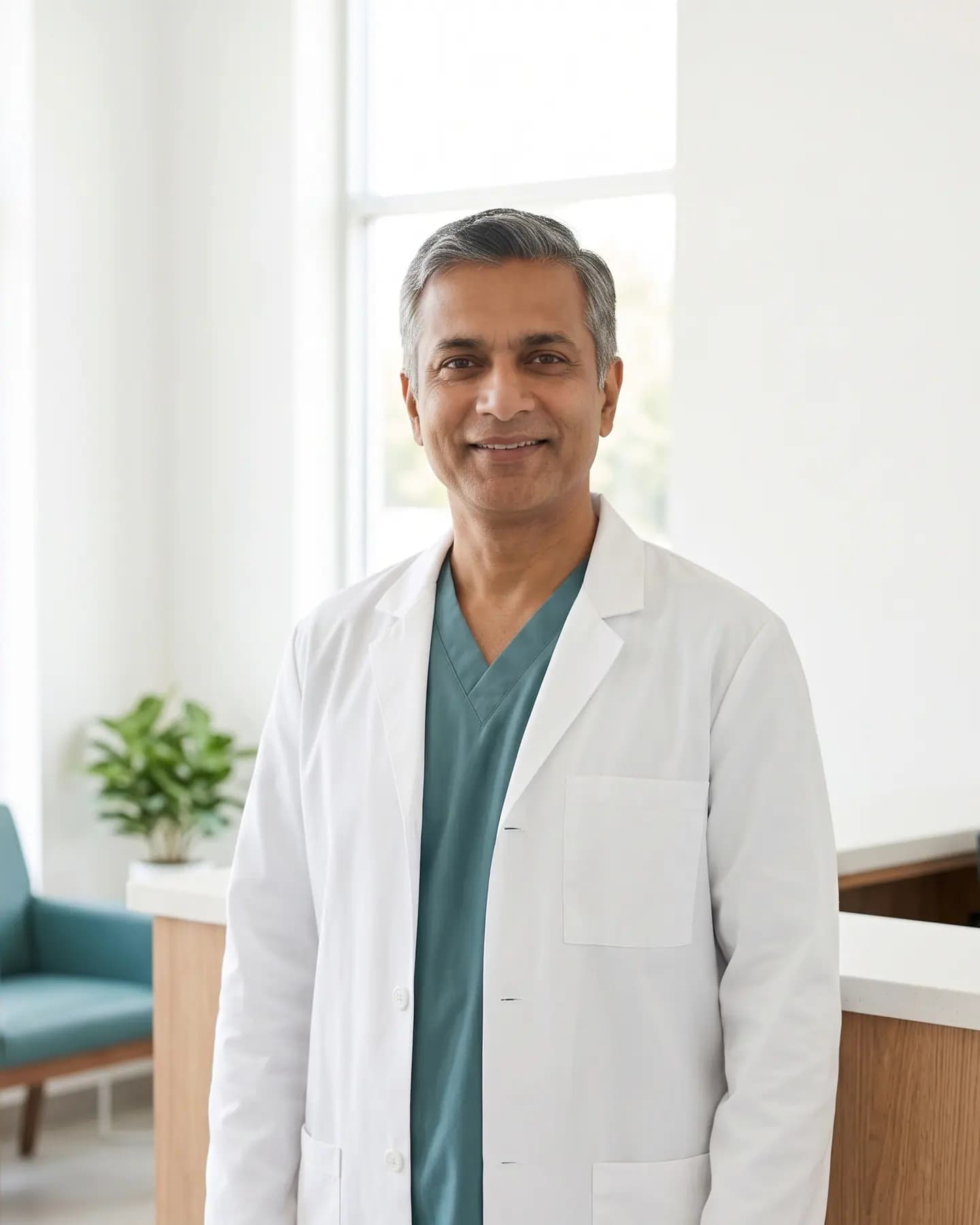 A clinic owner in a white coat stands smiling in the clinic's reception
